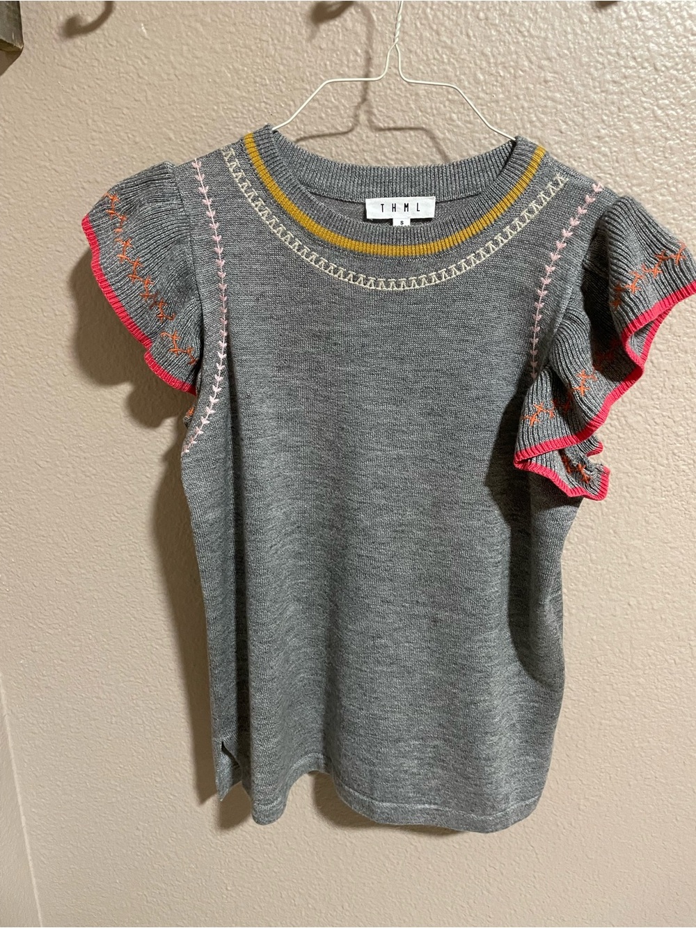 THML Gray Knit Top with Pink & Yellow Accents